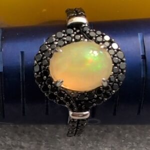 Sterling Silver Opal Black Spinel Ring Size 7 3/4